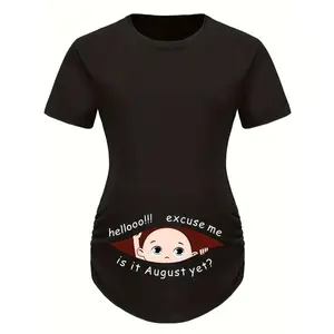 Hello Month & Cartoon Character Print Maternity T-Shirt, Round Neck Short Sleeve Maternity Top Pregnancy Announcement - Comfortable Fit