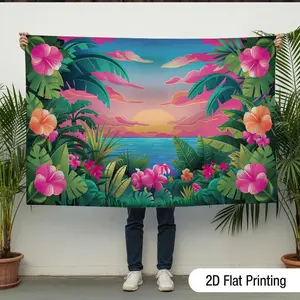 1pc Reusable Polyester 2D Flat Tropical Palm Leaf & Hibiscus Flower Sunset Banner - Vibrant Pink-Yellow-Green-Blue-Turquoise Wall Hanging, Home & Party Decor for Hawaiian Luau, Birthday,summerwins