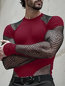 Men's Fashion Bodysuit, Sexy Long Sleeve Fishnet Design Bodysuit, All Seasons Wear