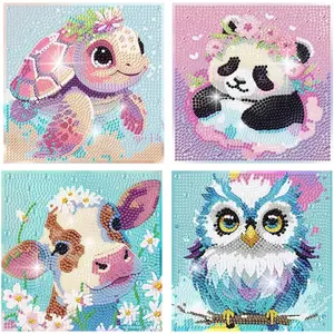4pcs DIY Craft animals Art Set - Round Diamond Painting Kits - Owl, panda, turtle, cattle, Adorable Animals Canvas Wall Art for Home, Bedroom, Office Decoration, Handmade Gift, Festive Decor