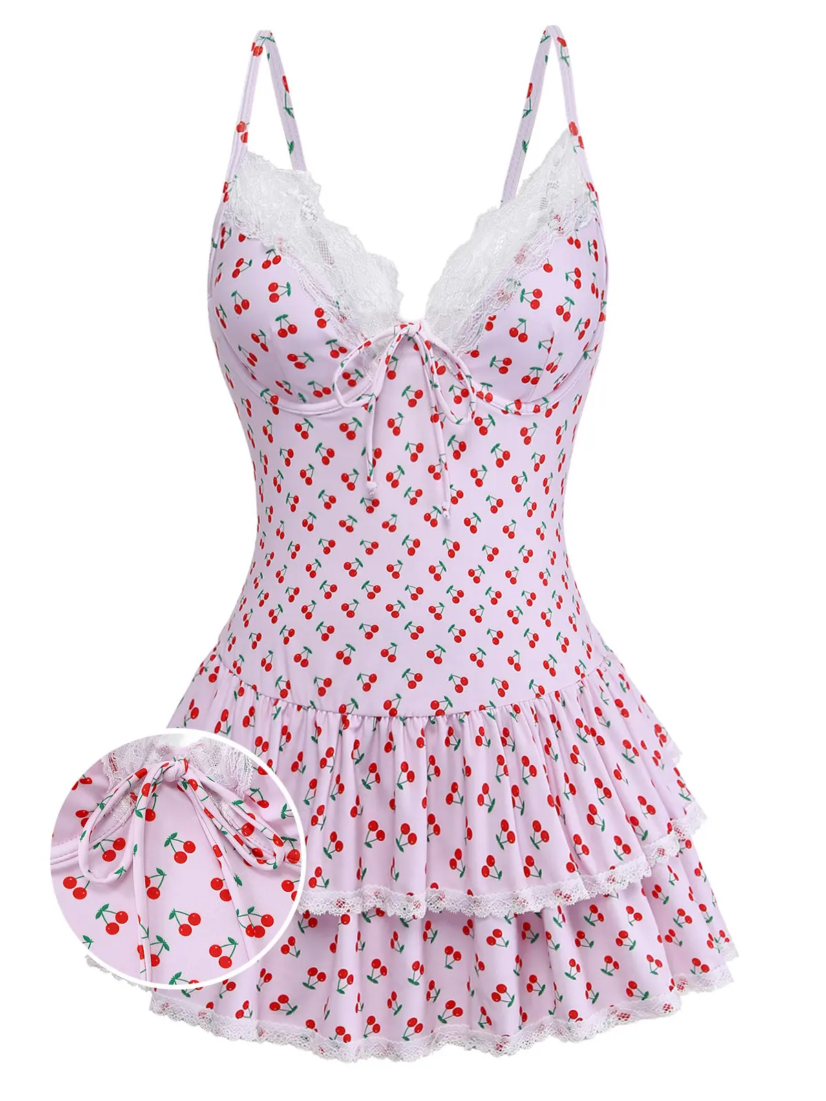 Pink 1940s Cherry Print Lace Trim One-Piece Swimsuit summer outfits beach essentials vacation outfits