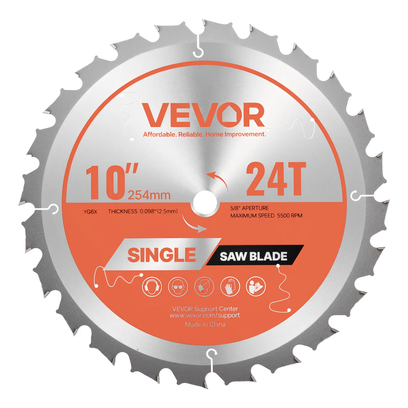 VEVOR Heavy Duty 10 inch (254 mm) Alloy Steel Circular Saw Blade, 24t Teeth, 15.875 mm Arbor Mount, 5500 rpm Precision Tooth Design Fine Cut Blade with Noise-Reducing Heat Vents for Plywood, Pine, Oak