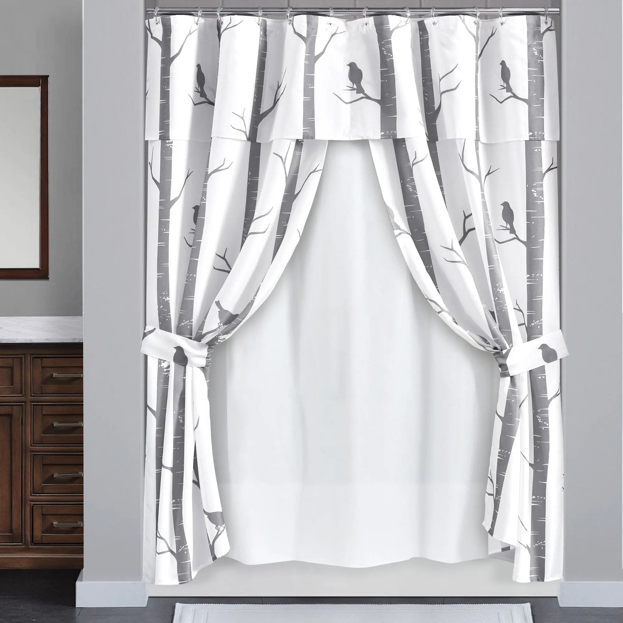 Lush Decor Bird On The Tree Double Swag 16-Piece Complete Nature-Themed Waterproof Aesthetic Decorative Bathroom Curtain Set