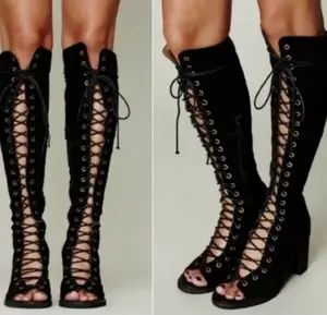 Jeffrey Campbell Countess Black Distressed Suede Knee-High Peep-Toe Lace-Up Boots Women Girl