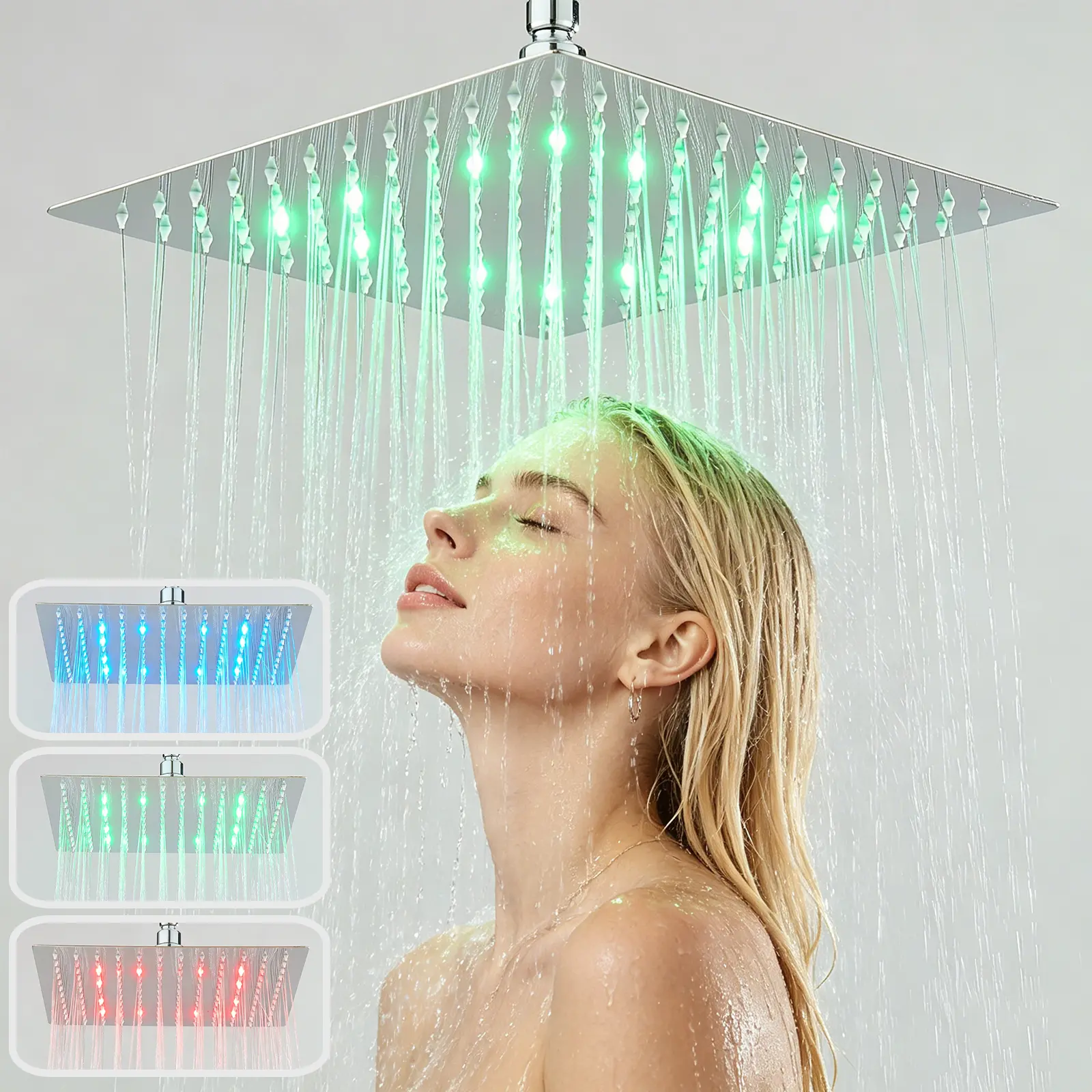 Bathroom High Pressure 12inch Rain Shower Head with LED, Chrome Rainfall Square Fixed Shower Head, 360° Adjustable Top Spray Stainless Steel