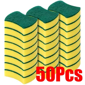 Kitchen Sponges Bulk Pack 5-50 Count Heavy Duty Scrub Sponges for Dish Cleaning Yellow Green Dual Layer