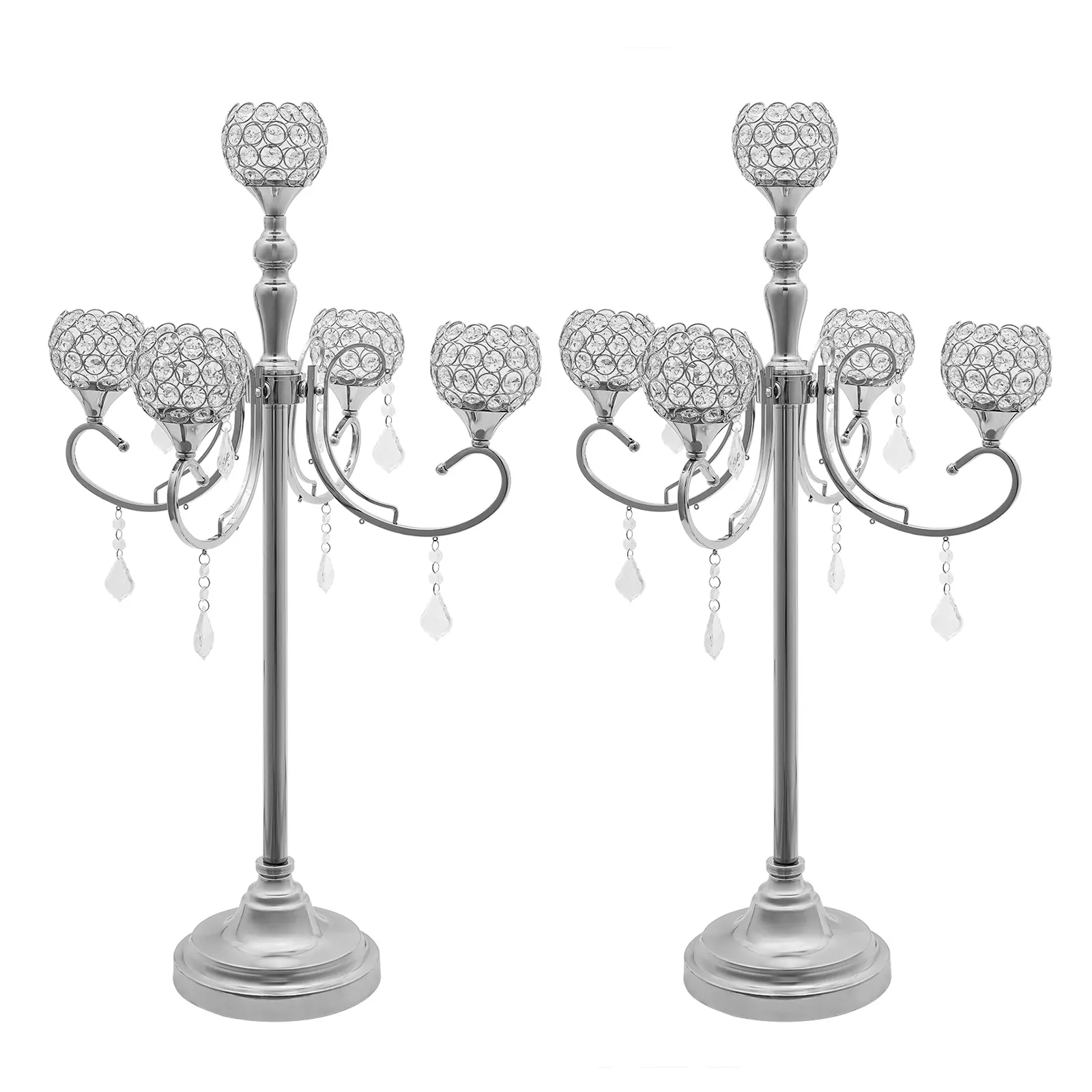 Silver 5-Arm Crystal Candelabra 2Pcs 86cm Iron Glass for Flameless Candle ≤1.97in Home Wedding Hotel Valentine's Day Atmosphere Decorations