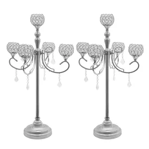 Silver 5-Arm Crystal Candelabra 2Pcs 86cm Iron Glass for Flameless Candle ≤1.97in Home Wedding Hotel Valentine's Day Atmosphere Decorations
