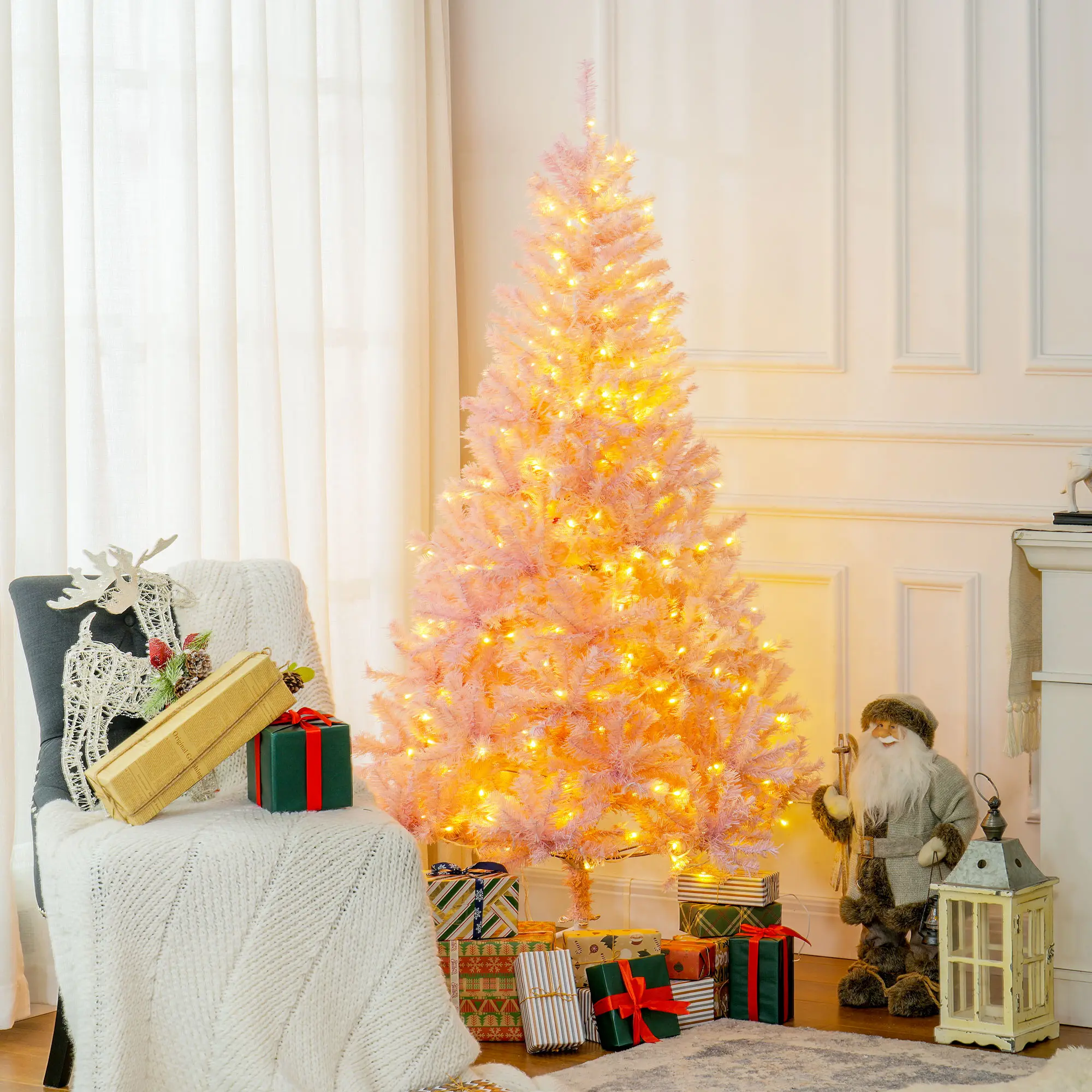 6 FT Tall PreLit Artificial Christmas Tree Pink Color 250 Warm White LED Lights 1000 Realistic Tips Metal Base for Living Room Corner