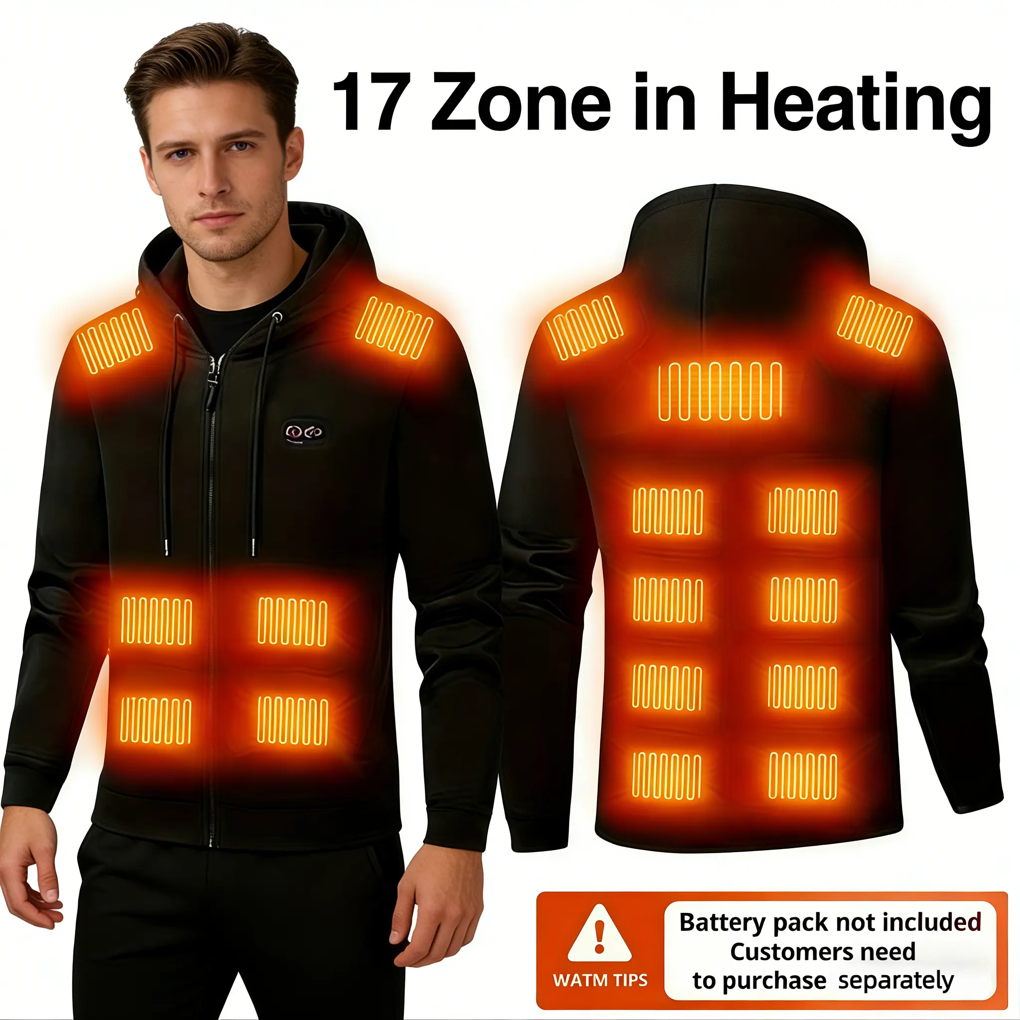 Unisex Heated Sweatshirt, Long Sleeve Hoodie Jacket with 17 Heating Zones & 3 Temperature Levels, USB Powered for Winter