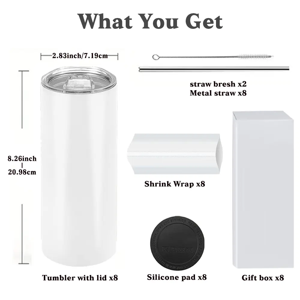 8-Pack 20-Oz Classic Skinny Straight Stainless Steel Insulated Water Bottles - Sublimation Tumbler Blanks with Blank Surface, Polymer Coating, Leak-Proof Lid, Straw, Anti-Scalding Rubber Bottom, Gift Box for Daily Use Heat Transfer Customizable Drinkware,