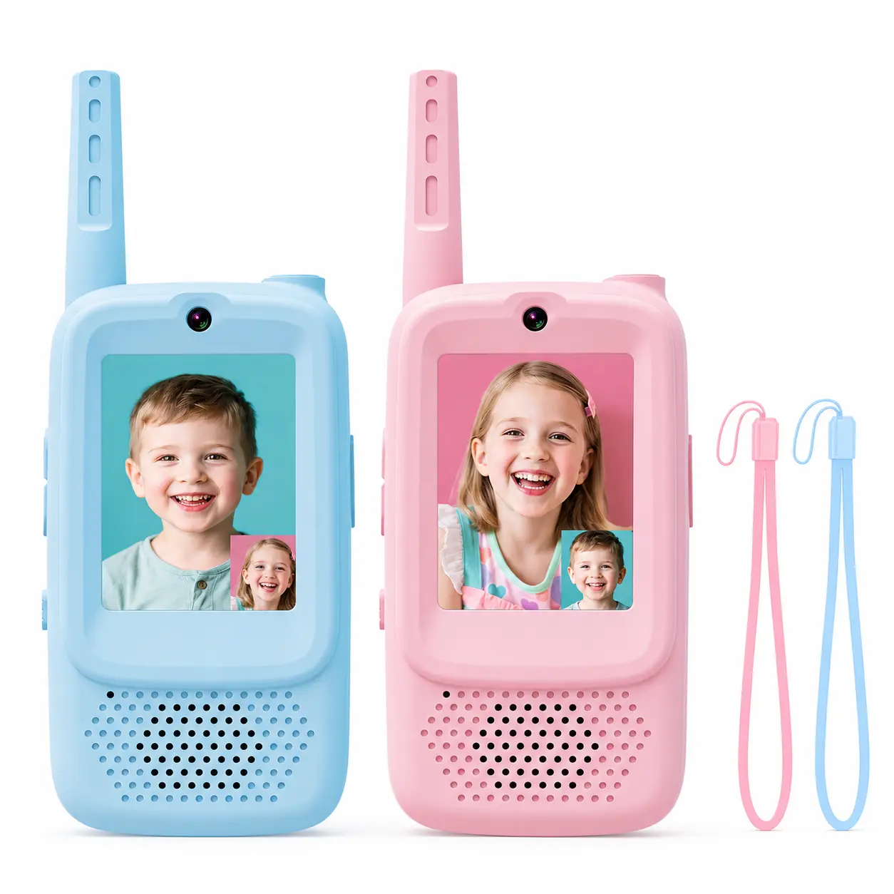 Careenoah Kids Video Walkie Talkies 2 Pack, Rechargeable Video Call Toys with Voice Changer, 1000FT Outdoor Range, Blue & Pink, Ages 3-10