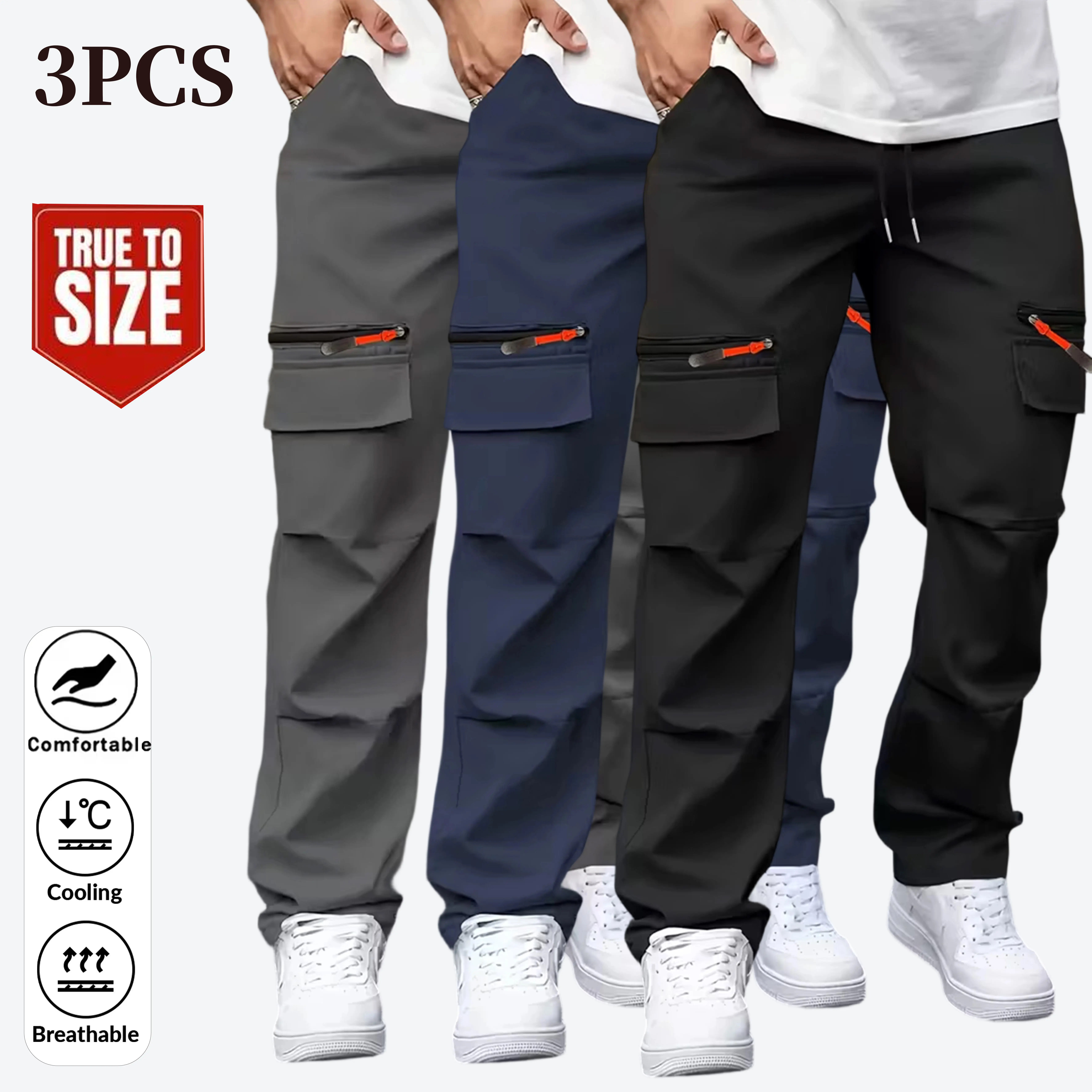 3pcs Men's Simple Front-Tie Pocket Cargo Pants, Woven Breathable Lightweight Jogger Pants, for Casual Daily Wear, Suitable for Spring and Summer, Holiday Gift Birthday Gift for Friends and Family