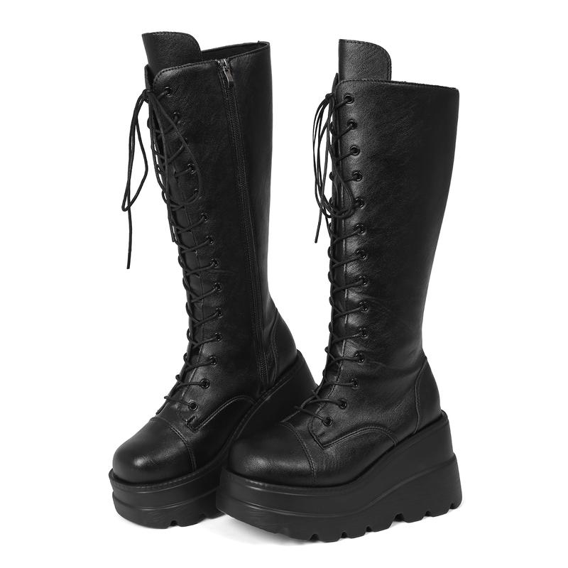 AOSPHIRAYLIAN Women's Black Gothic Vegan Leather Platform Chunky Boots - Round Toe Boot, Mid Calf Footwear, Back-Side Zipper, Buckle, Wedge, Punk Combat Motorcycle Style, Lace-Up, Basic, Fast On-Off, Platform Lift Party Shoes