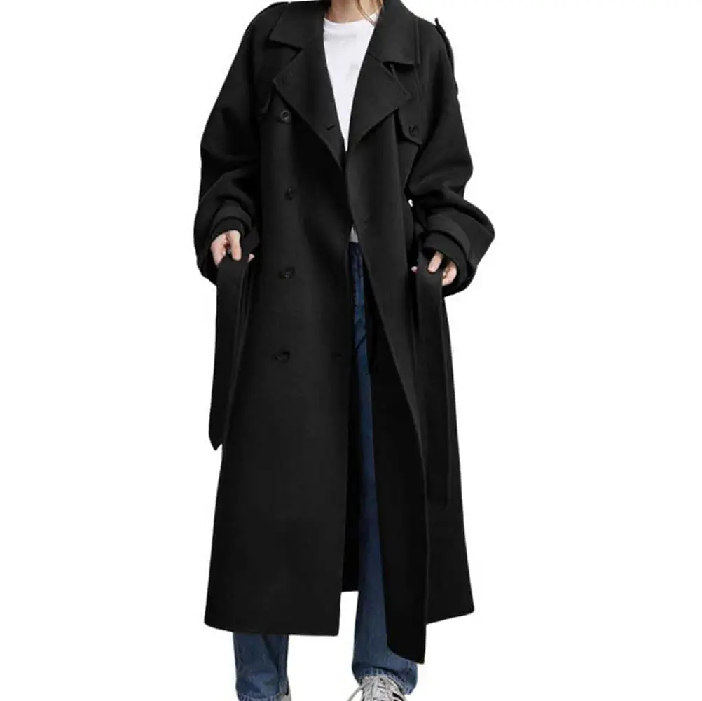 Chouyatou Women's Winter Wool-Blend Mid-Length Coat, Tops Style with Notched Lapel, Double-Breasted Long Sleeves, Belt-Strap Closure, Premium Matching Fabrics, Jackets, Polyester