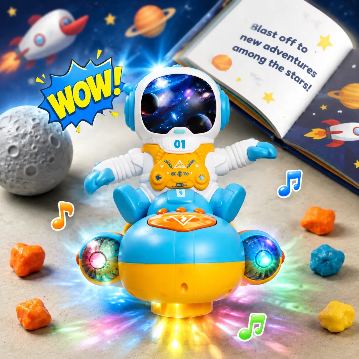 Plastic Wingtop Electronic Astronaut Spaceship Robot Toy - 360° Spinning, Music, Flashing Lights, Rotating Action - Interactive Astronaut Gift for 3-4 Years Toddlers, Kids Electronic Learning Toys
