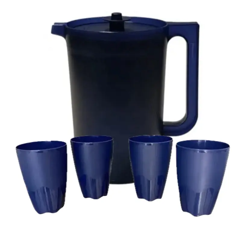 Navy Blue 2 Qt Push-Bottom Water Pitcher Set - Includes 5 Pieces: 4 Floresta 18 oz Cups, Iced Tea Carafe, Kitchen Drinkware for Serving Jugs