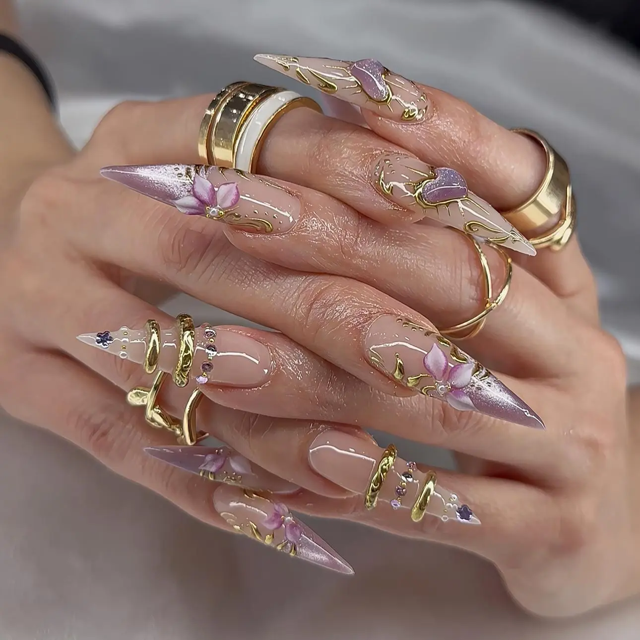 Handmade Luxury 3D Gold Filigree Press On Nails | Purple Floral Long Stiletto Reusable Fake Nails | Victorian Gothic Nail Art Set