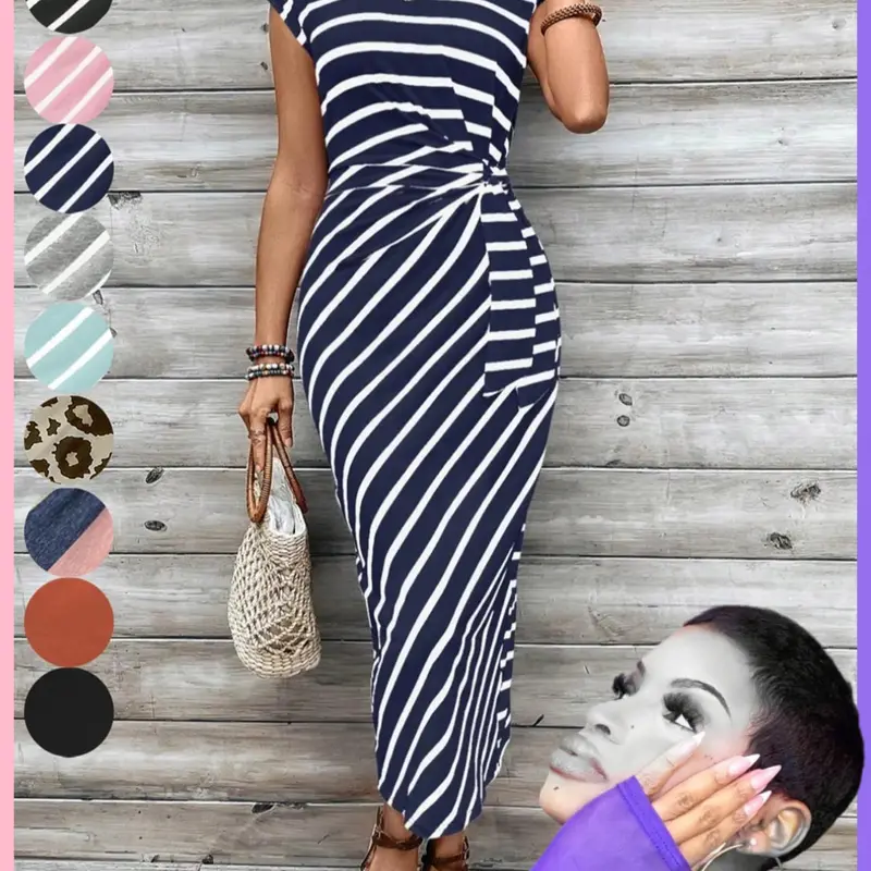 Women's Striped Print Bodycon Knot Fitted Dress, Elegant Short Sleeve Long Dress for Summer, Sundress Dress, French Style Ladies Clothes for Beach Holiday, Knotted Side Dress, Womenswear