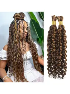 P4/27 Deep Wave Deep Bulk Human Hair For Braiding No Weft Highlight Ombre And Wavy Micro Braiding Hair Human Hair Bulk For Boho Box Braids 100g With 2 Bundles