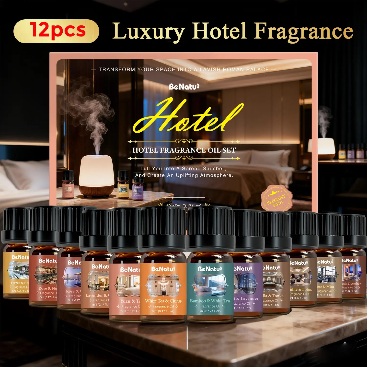 Benatu Essential Oils Set - Hotel/Autumn/Wellness Harmony/Date Night/Coffee/Woody Natural Fragrance Oils for Diffuser Candle Soap Making 12pcs