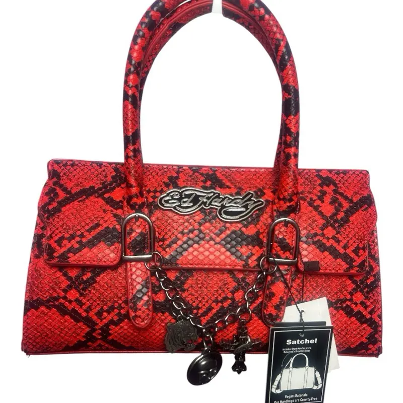 Ed Hardy Red Snakeskin Satchel Bag NWT Y2K Shoulder Purse Black Chain Charm Vegan Leather
