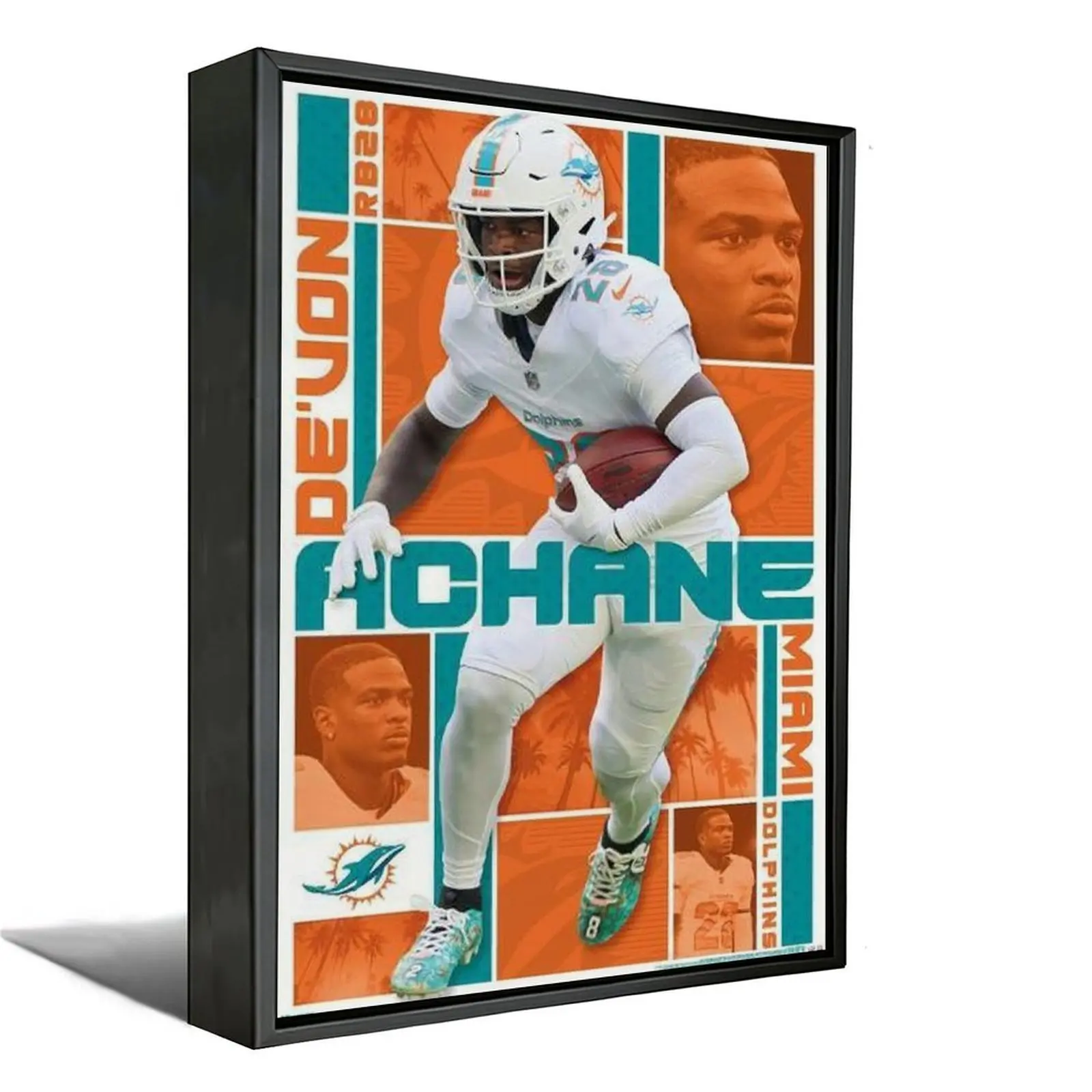 Miami Dolphins Football Poster, Orange and Teal Sports Canvas Print, Modern Athlete Wall Art for Bedroom, Dorm and Game Room Decor