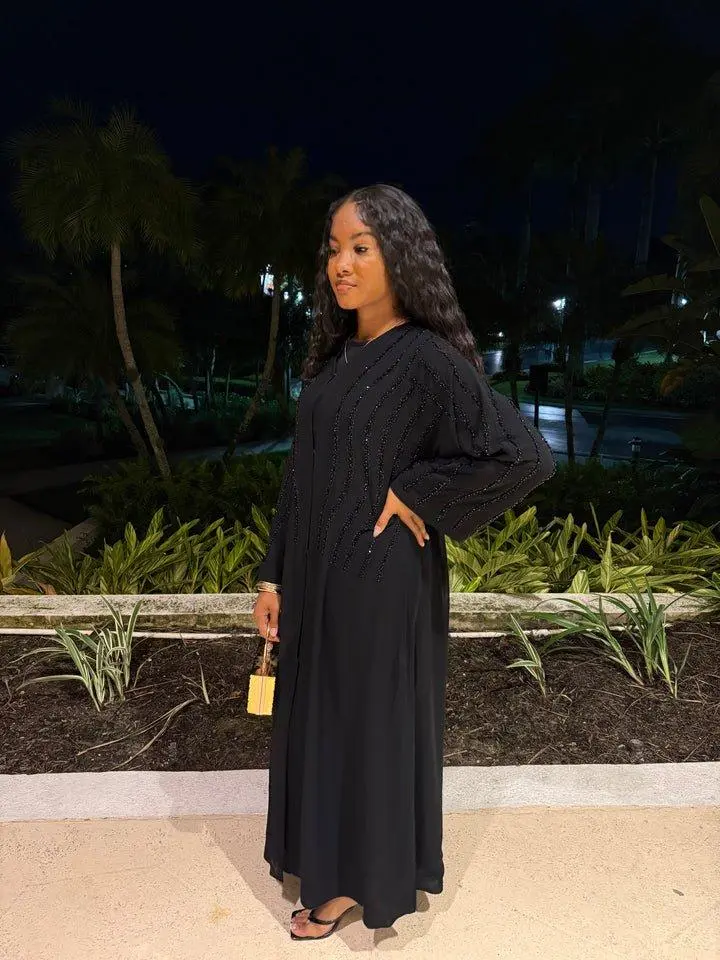 Amira Black on Black Abaya Set with Hijab - Elegant Cotton Abaya Dress with Rhinestones for Women's Occasion Wear