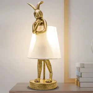 Creative Bunny Rabbit Table Lamp Gold Resin LED Desk Light 15.7inch White Linen Shade Eye Protection for Study Bedroom Decorative Lighting Bedside Lamp with Three Color Light Transformations