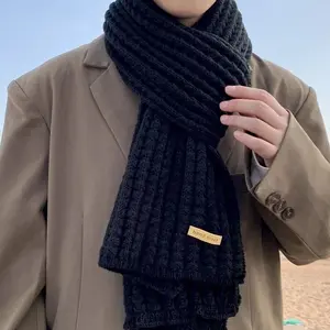 New winter men's scarf knitted wool solid color couple versatile fashion simple thickened warm scarf