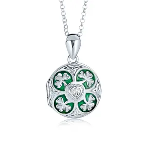 Celtic Lucky Clover Keepsake Photo Locket Necklace Round Lucky Green Enamel .925 Sterling Silver