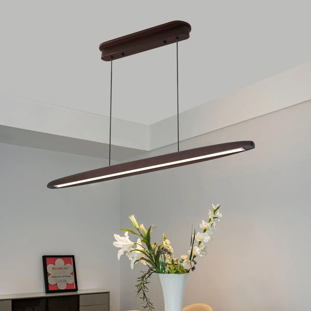 39-inch Streamline Wooden LED Pendant Light with Remote Control, Adjustable Hanging Light for Dining Room, Kitchen, Living Room – Contemporary Walnut Wood Finish