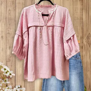 SageVell Blush Textured Blouse Layered Puff Sleeves Ruffled Collar Feminine Daily Top Cotton Fabric Soft Style Women's Shirts