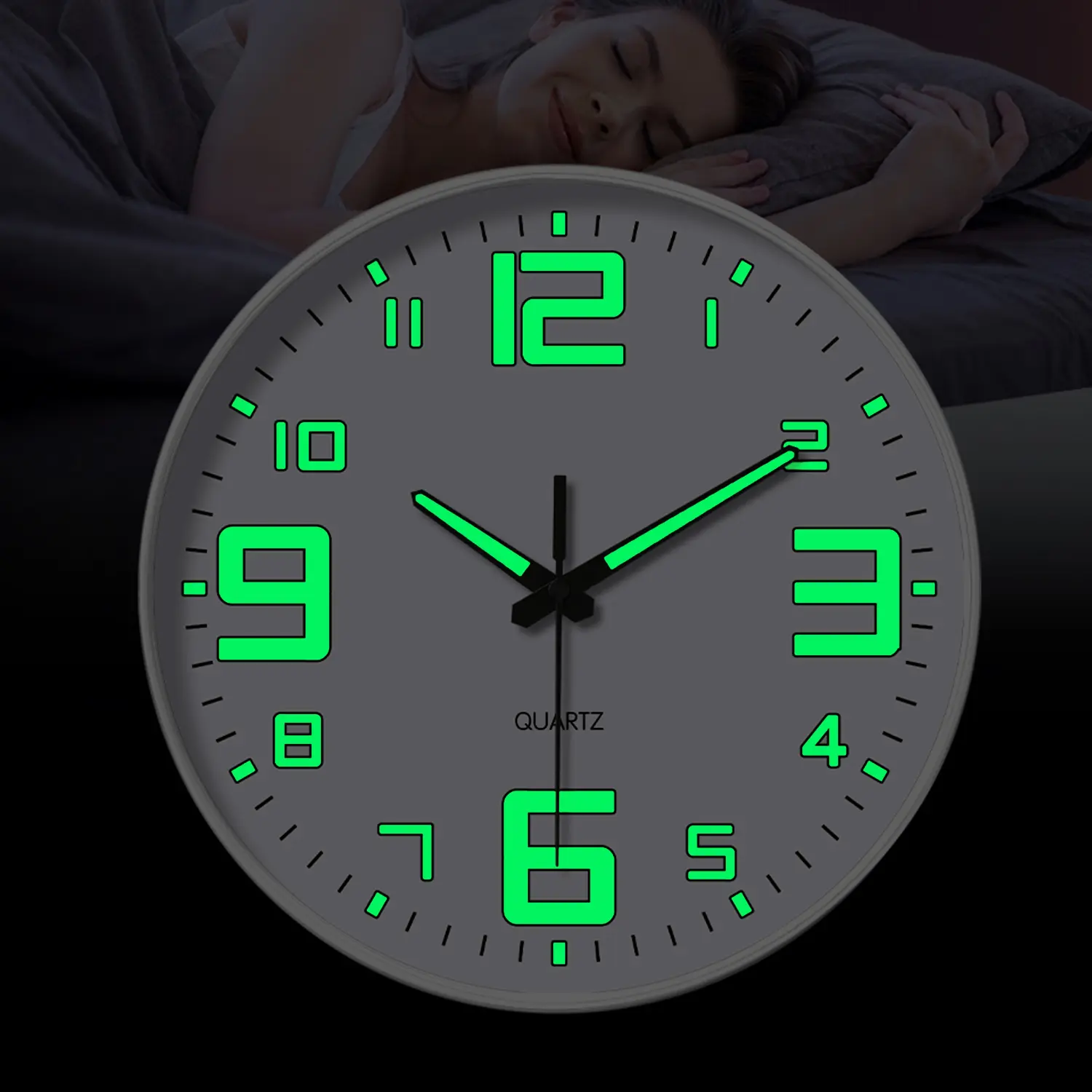 ConstantPlanet white luminous wall clock, 8–12 inch round silent quartz clock, plastic frame, glass face, battery powered, large easy-to-read numerals, suitable for living room, kitchen, bedroom, men’s room decor, casual room accessories, room decoration