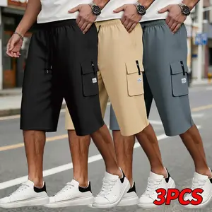 Men’s Summer Ice Silk Cargo Shorts, 3-Pack — Lightweight, Breathable, Quick-Dry Casual Mid-Length Shorts with Multiple Pockets, Straight Cut, Loose and Comfortable Athletic Beach Shorts, Side Large Pockets, Minimalist Workwear Style