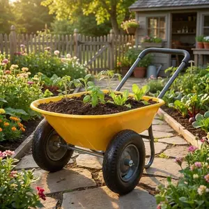 GAOMON Yellow Garden Wheelbarrow Cart, Heavy Duty Utility Cart with Dual Wheels and Built-in Stand, Iron and Plastic Yard Cart for Home, Lawn and Garden