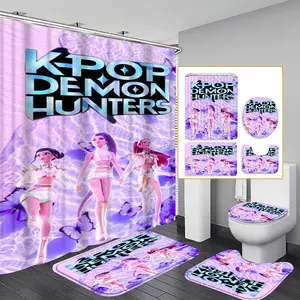 4-Piece Modern Bathroom Curtain Set, Colorful Background Shower Curtains, Includes 12 Hooks, Non-Slip Toilet Mat & U-Shaped Seat Cover