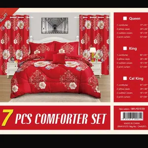 Comforter Bedspread Set 7 pcs - 100% Polyester Queen King Cal King Sizes 1 Comforter 2 Pillow Cases 2 Cushion Covers 2 Print Curtains