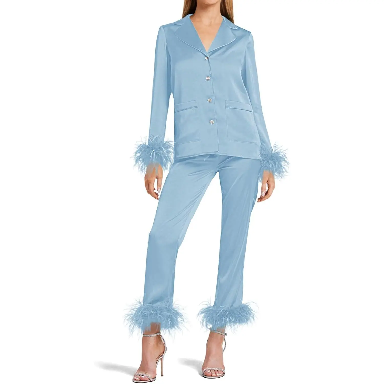 FMEYOA Women's Silk Satin Pajama Set Feather Trim Bridal Long Sleeve Pocketed Lounge Sets Sleepwear (Removable Feather)