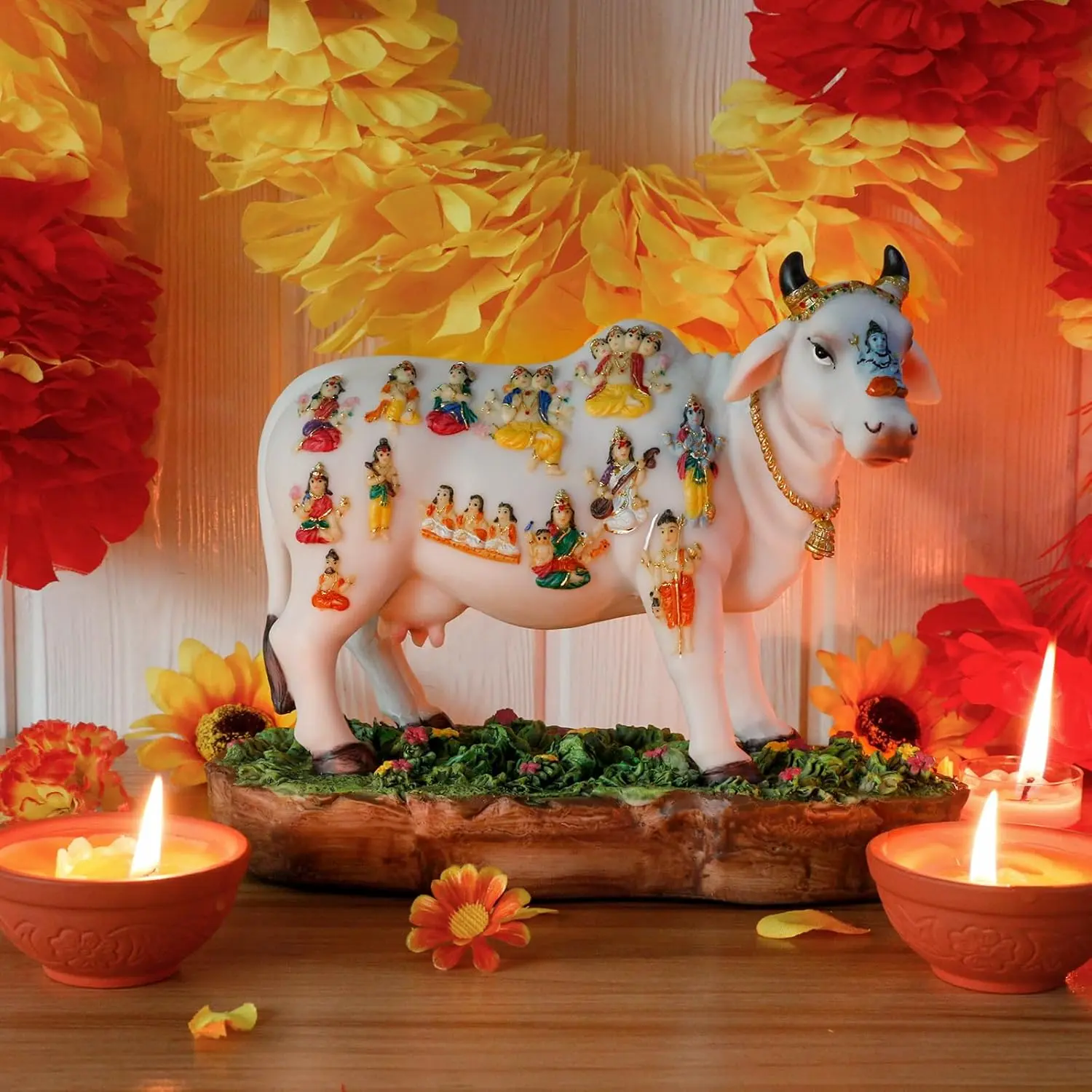 Indian God Wish-fulfilling Cow Statue- 8.7”L Indian Idol Kamadhenu Figurine Diwali Pooja Decor for Indian Man Woman Friends Family Diwali gifts Murti Pooja Item Home Office Mandir Temple Puja Item