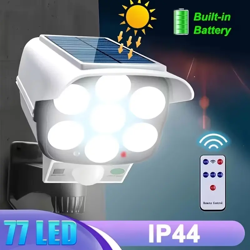 Solar Outdoor Motion Sensor Floodlight with Remote Control, 77 LED Spotlights, Waterproof Outdoor LED, Wireless Fake Camera, Adjustable Brightness, Garden Lighting, Security Flood Lights, Solar Powered Lights