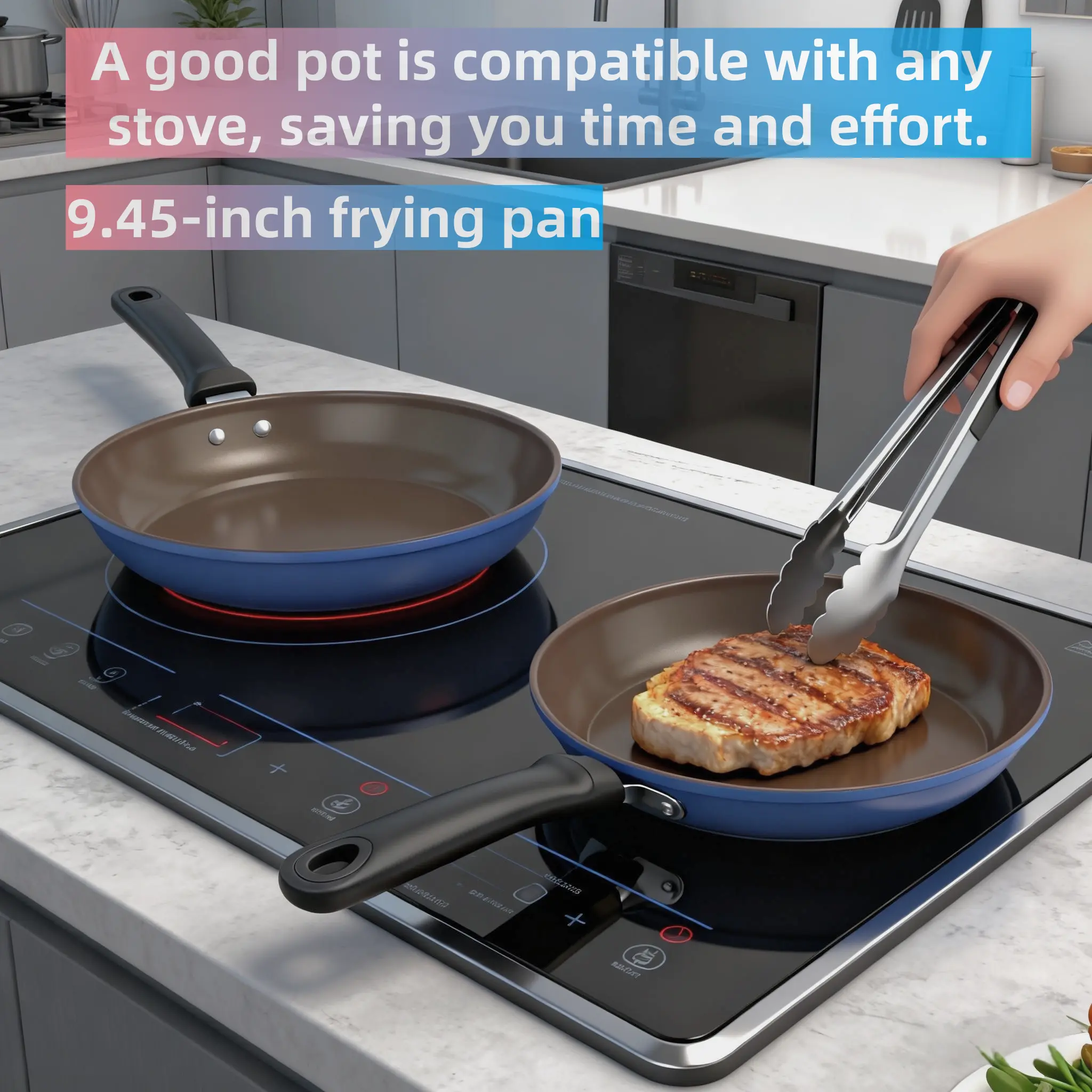 24cm Blue Non-Stick Iron Fry Pan with Handle - Flat-Bottomed Household Cookware, No Lid, Compatible with Induction & Gas Stoves, for Pancakes, Fried Steak, Ideal for Home Cooking, Nonstick Fry Pan