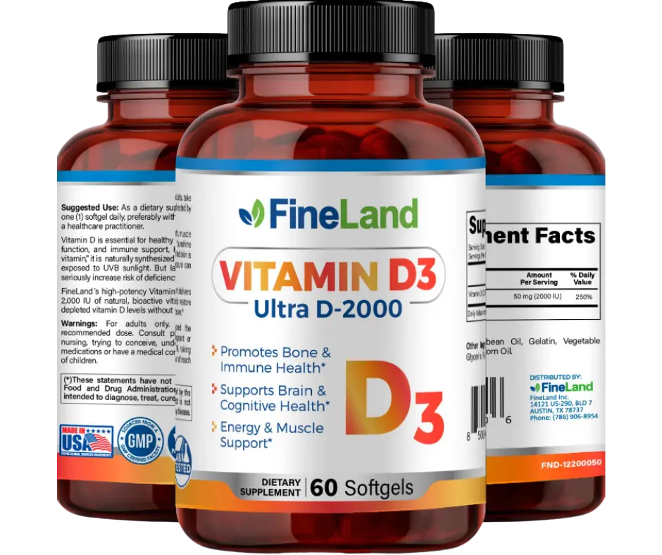 FineLand VITAMIN D3 Ultra D-2000-Bone & Immune Support, Supports Brain & Cognitive Function, Energy & Muscle Support, High Potency