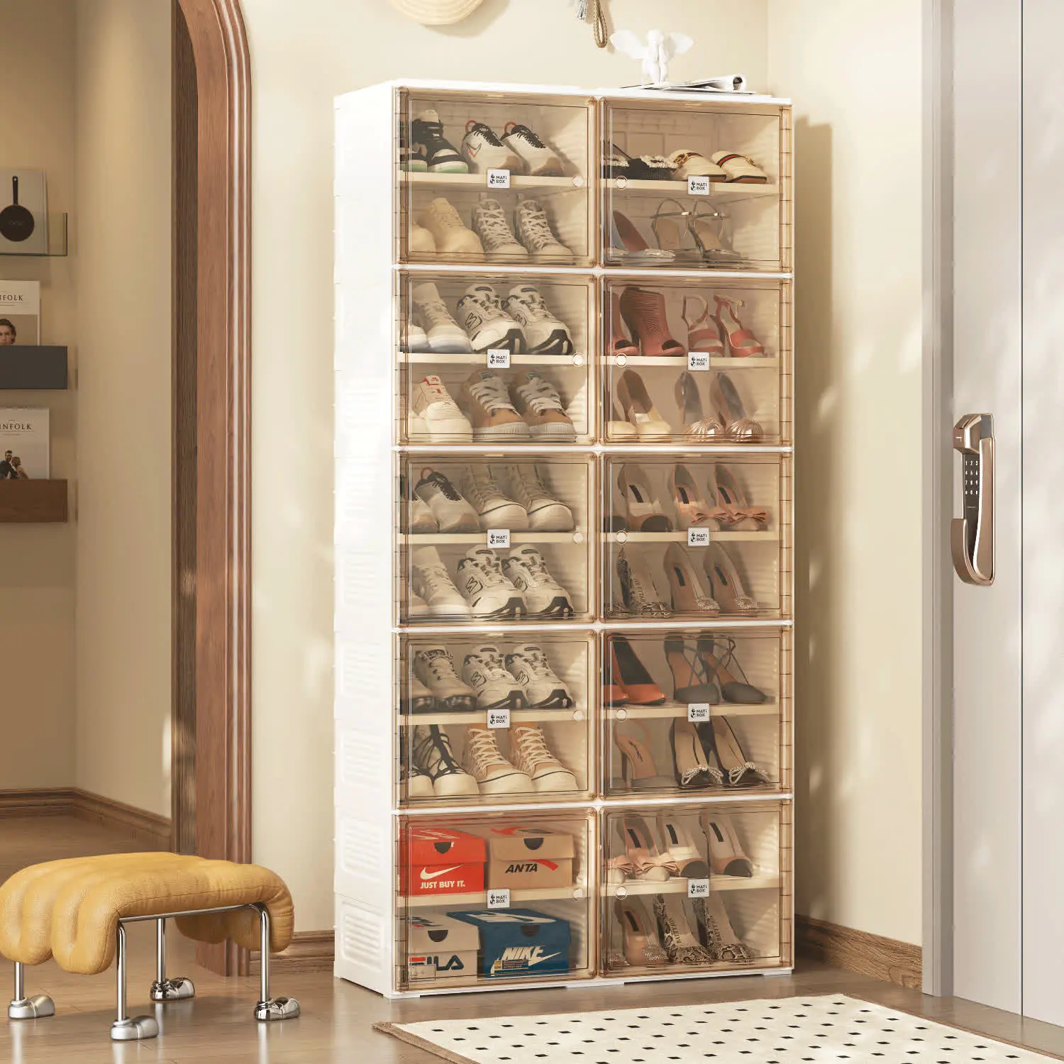 Organizer Large Shoe Storage Cabinet Foldable Collapsible Design Dust Free Portable Shoe Organizer Enclosed Shoe Storage with Clear Stackable Boxes for Entryway VerticalStorage TallShoe Cabinet with Doors Organizador de Zapatos ShoeRack 10 Layers-40 Grids