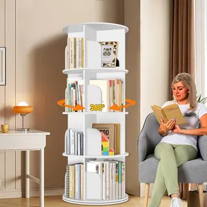 4 Tier Rotating Bookshelf Tower, Spinning Bookshelf, Revolving 360 °   Bookcase Storage Round Carousel, Vertical Rotate Turning Spiral Corner Organizer Lazy Susan, White