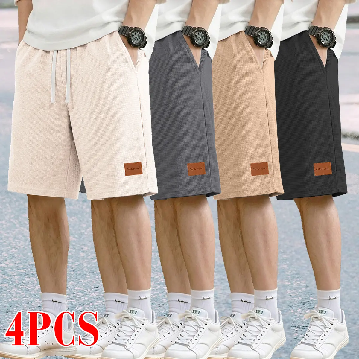 Menswear 4-Piece Casual Waffle Mid-Waist Pocketed Pullstring Cinch Shorts, Plain Slim-Fitting Polyester, Adjustable Waist, Breathable Lightweight Side Pockets, Summer Outdoor Golf & Leisure Use, Pocketed Men's Shorts