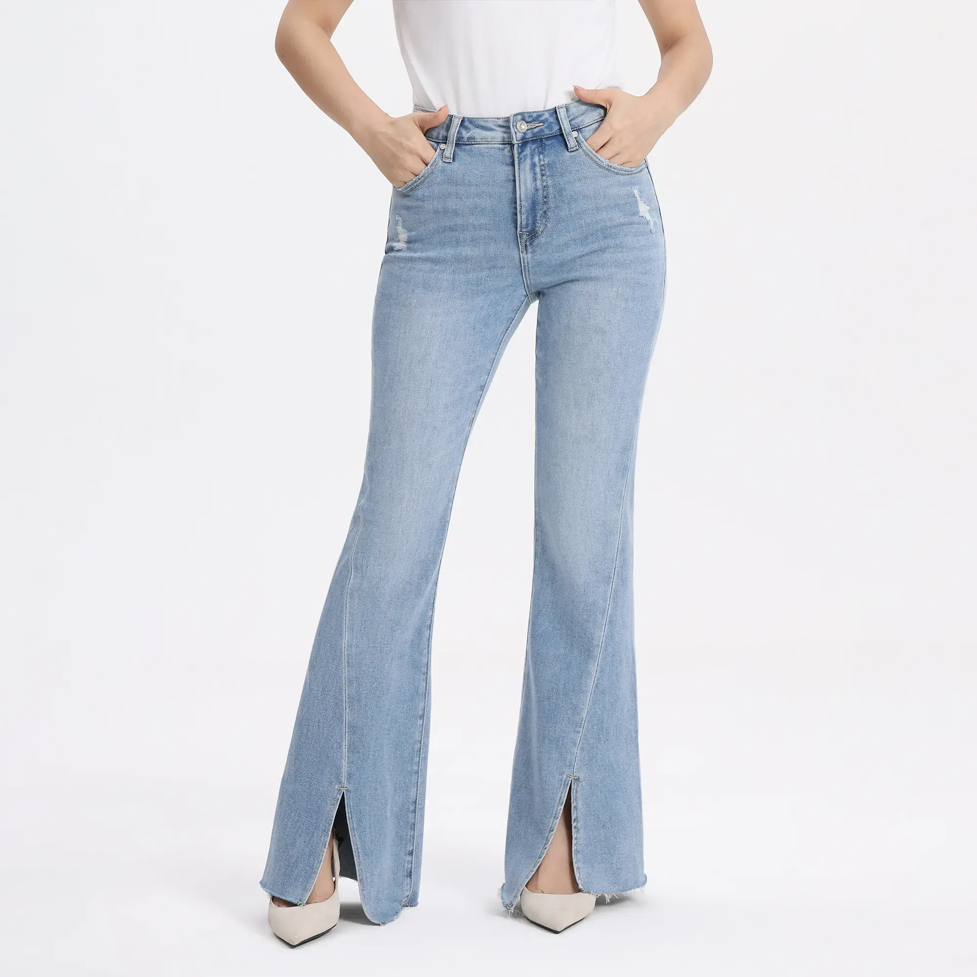ONESO Women's Light Blue Flare Jeans High Rise Vintage Wash Classic Five Pocket Denim Pants Front Hem Slit Casual Street Style Summer Outfits