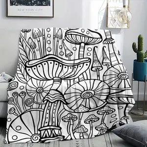 Black-and-white line art mushroom forest flannel blanket — sofa throw, bedspread, air-conditioning blanket; suitable for Bohemian, wabi-sabi, and minimalist bedrooms/living rooms; targets art lovers, craft enthusiasts, mushroom aficionados, and Bohemian h