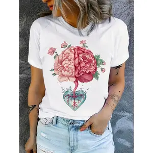 A Heart-Shaped Printed T-Shirt with a Floral Design of The Human Brain