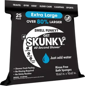 Skunky XL 82% Larger Disposable Rinse-Free Bathing Sponge Wipes, AS-SEEN-ON-TV, Cleans Without a Shower, Just Add Water, Lather, Scrub & Dry with No Sticky Residue, Gym, Elder Care, Kids & More